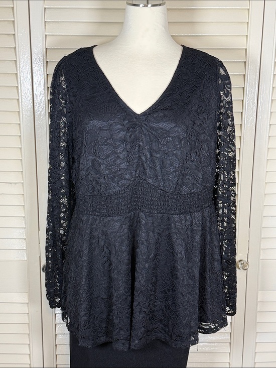 torrid Tops - Torrid Size 1 Black Floral Lace Peplum Blouse Sheer Long Sleeve V-Neck Top 1X